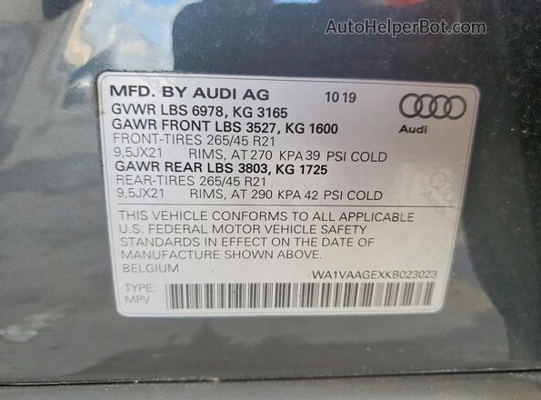 WA1VAAGEXKB023023 2019 AUDI E-TRON Gray Widok naklejki z numerem VIN