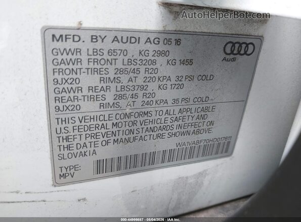 WA1VABF70HD017611 2017 AUDI Q7 White Vista del compartimento del motor