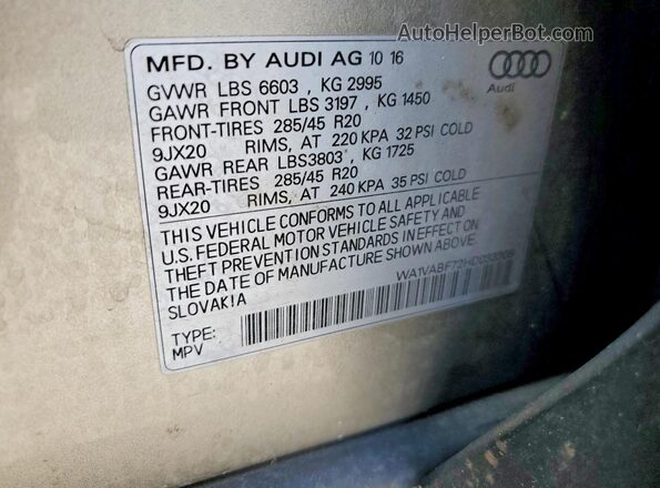 WA1VABF72HD033308 2017 AUDI Q7 Бежевый Вид наклейки с VIN-кодом