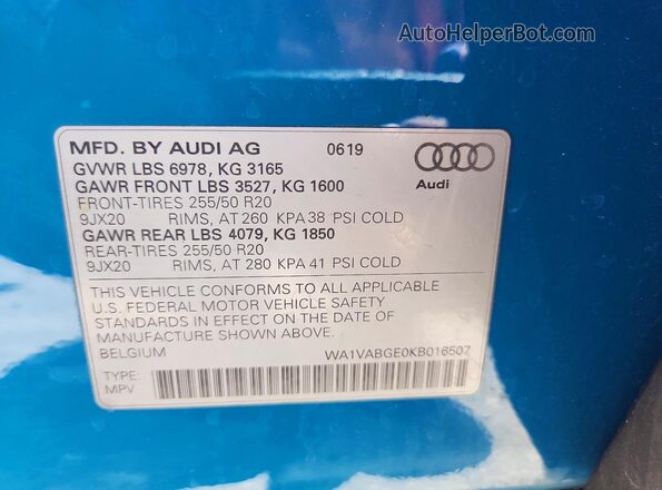 WA1VABGE0KB016507 2019 AUDI E-TRON Blue Vista del compartimento del motor