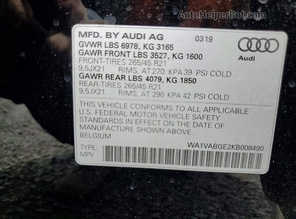 WA1VABGE2KB008490 2019 AUDI E-TRON Black 360 interior view