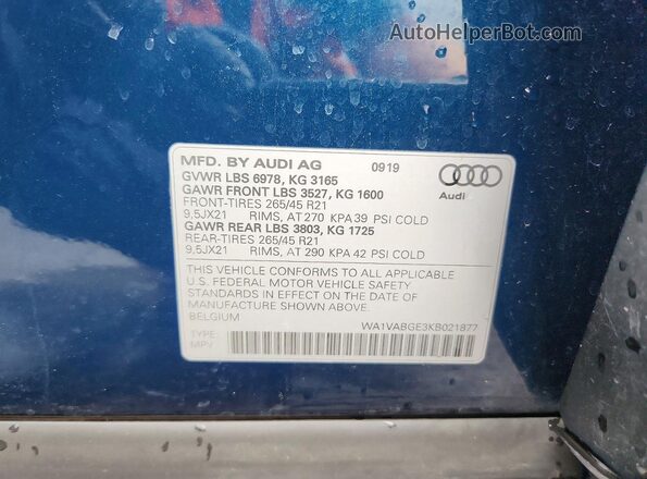 WA1VABGE3KB021877 2019 AUDI E-TRON Бирюзовый Панорамный вид салона 360°