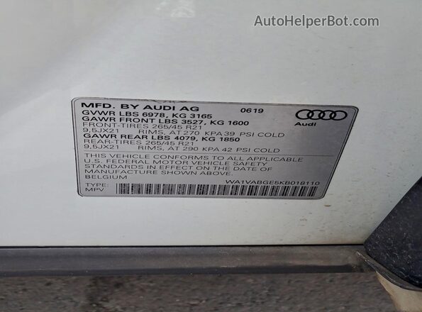 WA1VABGE5KB018110 2019 AUDI E-TRON White VIN sticker view