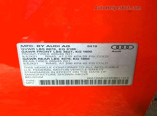 WA1VABGE8KB011412 2019 AUDI E-TRON Оранжевый Вид наклейки с VIN-кодом