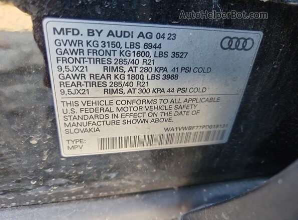 WA1VWBF77PD019131 2023 AUDI SQ7 Black VIN კოდის სტიკერის ხედი