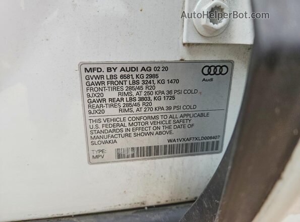 WA1VXAF7XLD006407 2020 AUDI Q7 Белый Вид наклейки с VIN-кодом