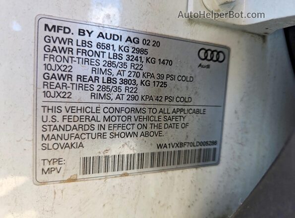 WA1VXBF70LD005286 2020 AUDI Q7 White Widok naklejki z numerem VIN