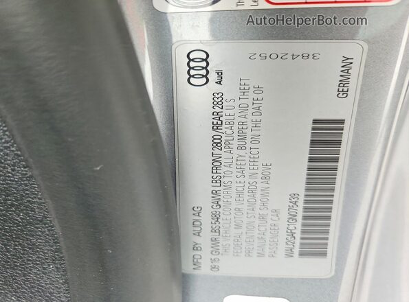 WAU2GAFC1GN075439 2016 AUDI A7 Серебряный Вид наклейки с VIN-кодом