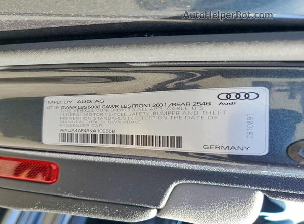 WAUA4AF49KA109558 2019 AUDI S4 Gray Widok komory silnika