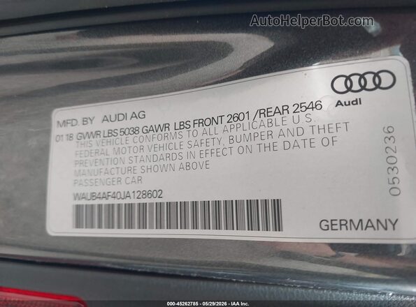 WAUB4AF40JA128602 2018 AUDI S4 Gray Вид підкапотного простору