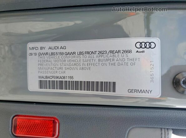 WAUB4CF59KA081155 2019 AUDI S5 Gray Вид підкапотного простору