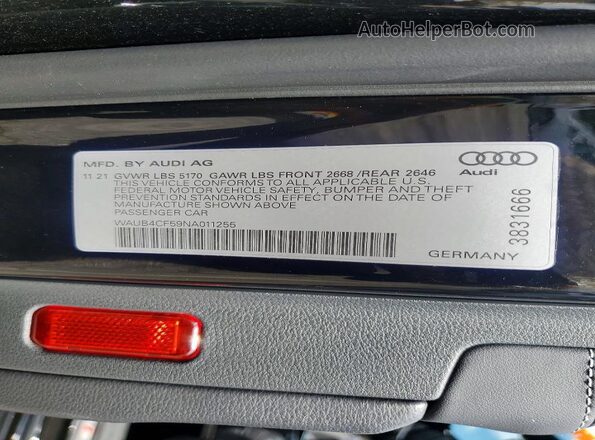 WAUB4CF59NA011255 2022 AUDI S5 Черный Вид наклейки с VIN-кодом