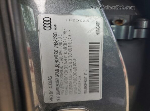 WAUB8GFF3G1111116 2016 AUDI A3 Gray Вид наклейки з VIN-кодом