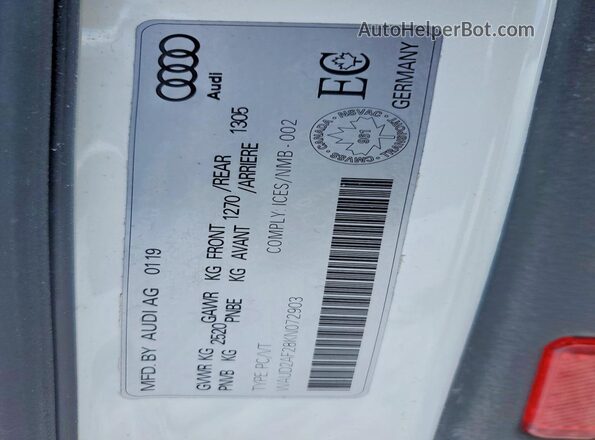 WAUD2AF28KN072903 2019 AUDI A6 White VIN կոդի պիտակի տեսք
