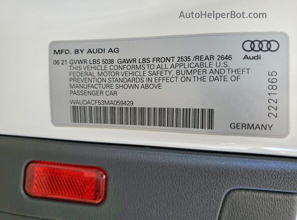 WAUDACF53MA059429 2021 AUDI A5 White Engine compartment view
