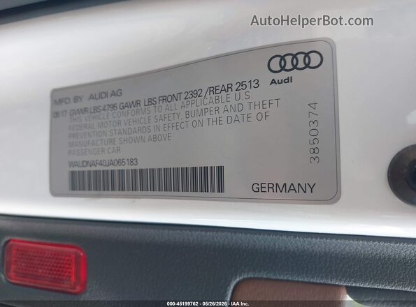 WAUDNAF40JA065183 2018 AUDI A4 White Widok komory silnika