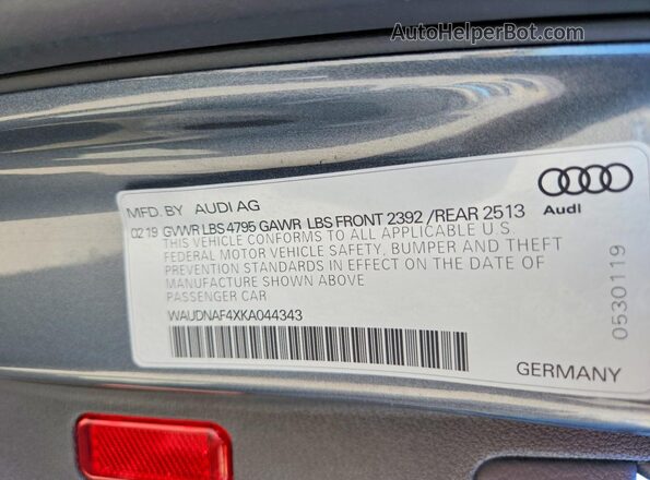 WAUDNAF4XKA044343 2019 AUDI A4 Gray VIN კოდის სტიკერის ხედი