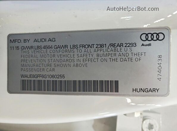WAUE8GFF6G1060255 2016 AUDI OTHER White Widok naklejki z numerem VIN