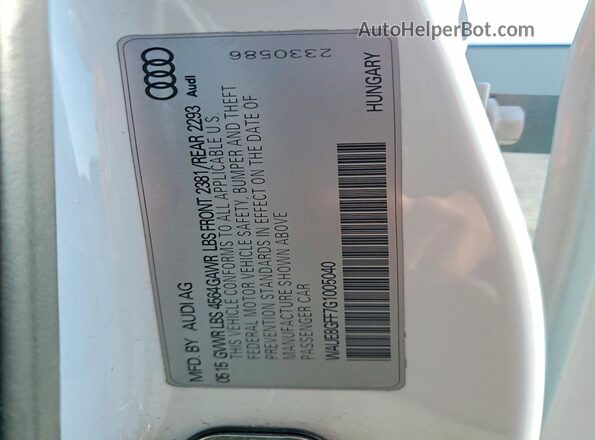 WAUE8GFF7G1005040 2016 AUDI A3 Белый Вид наклейки с VIN-кодом
