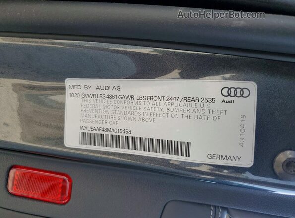 WAUEAAF48MA019458 2021 AUDI A4 Gray ძრავის განყოფილების ხედი