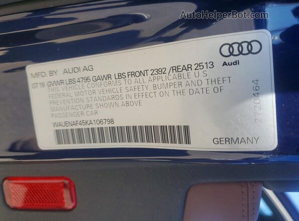 WAUENAF45KA106798 2019 AUDI A4 Blue Вид підкапотного простору