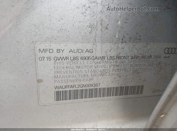 WAUFFAFL2GN008367 2016 AUDI A4 Silver ძრავის განყოფილების ხედი