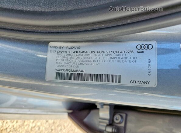 WAUG3AFC8JN065449 2018 AUDI A6 Серебряный Вид наклейки с VIN-кодом