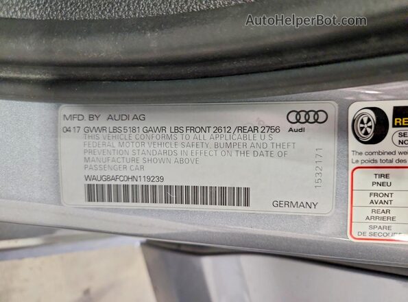 WAUG8AFC0HN119239 2017 AUDI A6 Gray Vista de la etiqueta del VIN