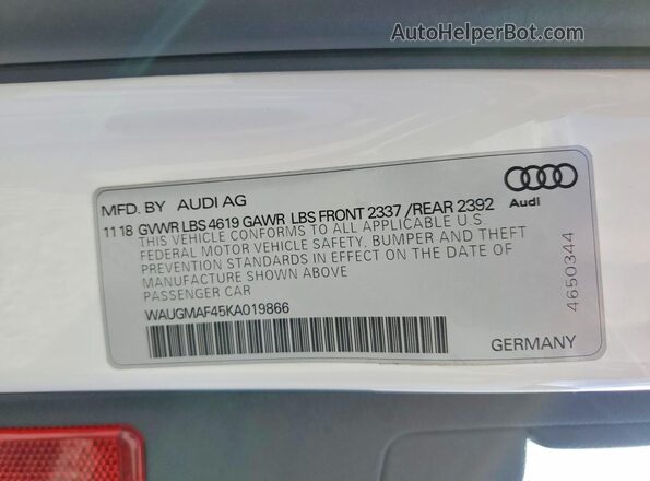 WAUGMAF45KA019866 2019 AUDI A4 White Вид наклейки з VIN-кодом