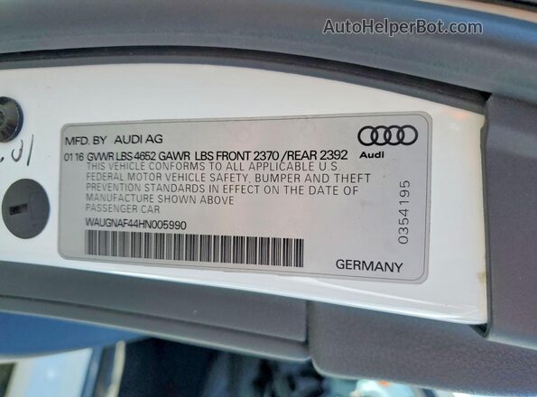 WAUGNAF44HN005990 2017 AUDI A4 White Engine compartment view