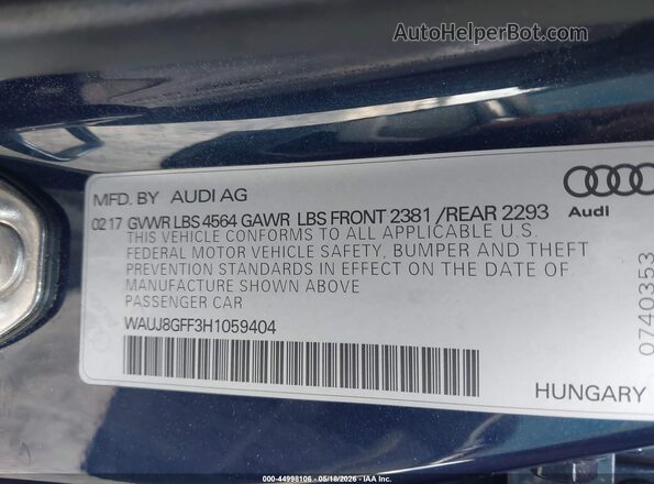 WAUJ8GFF3H1059404 2017 AUDI A3 Navy Вид подкапотного пространства
