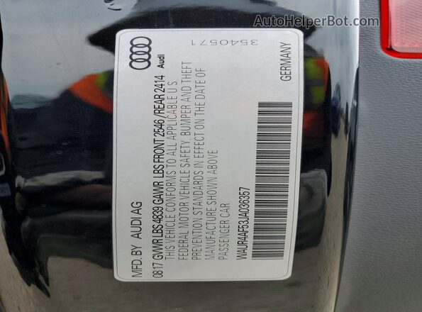 WAUR4AF53JA036357 2018 AUDI S5 Black VIN კოდის სტიკერის ხედი