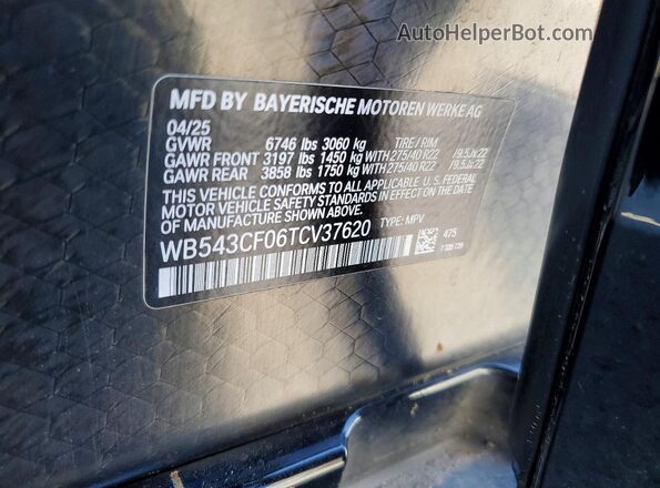WB543CF06TCV37620 2026 BMW IX Black Vista de la etiqueta del VIN