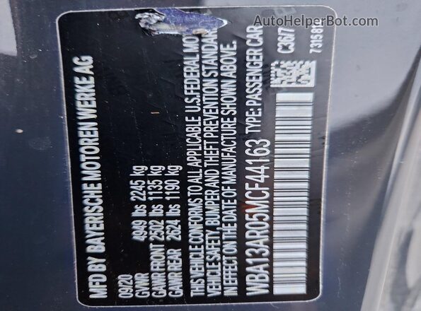 WBA13AR05MCF44163 2021 BMW M4 Gray Vista de la etiqueta del VIN