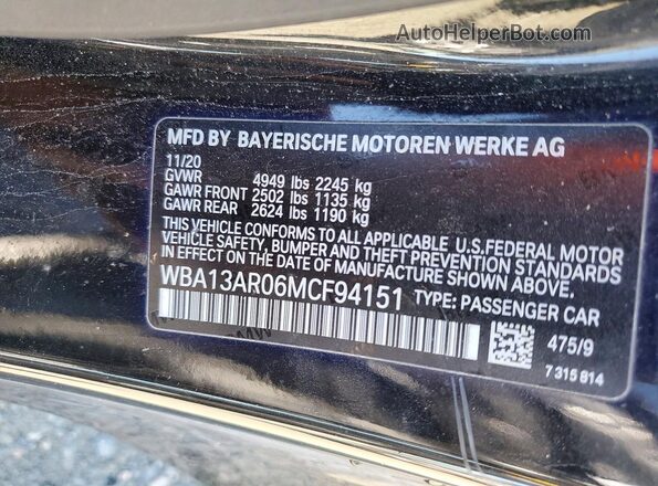 WBA13AR06MCF94151 2021 BMW M4 Black Vista de la etiqueta del VIN