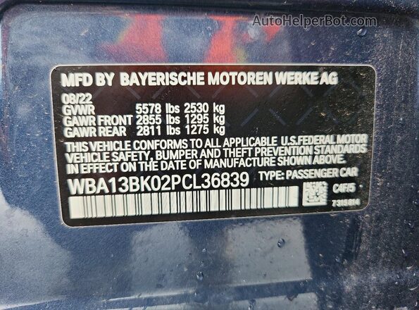 WBA13BK02PCL36839 2023 BMW M5 Blue Vista de la etiqueta del VIN