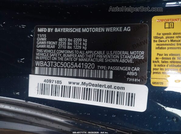WBA3T3C50G5A41920 2016 BMW OTHER Blue Vista del compartimento del motor