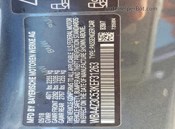 WBA4Z3C53KEF31263 2019 BMW OTHER Серый Вид наклейки с VIN-кодом