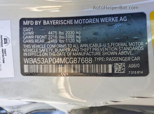WBA53AP04MCG87688 2021 BMW OTHER Белый Вид подкапотного пространства