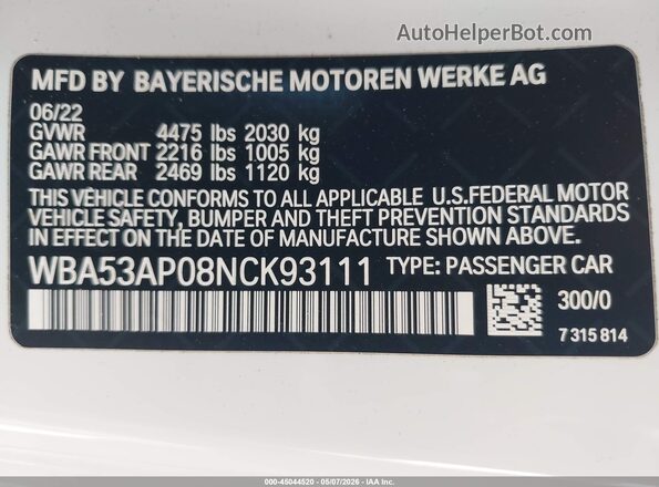 WBA53AP08NCK93111 2022 BMW OTHER White Widok komory silnika