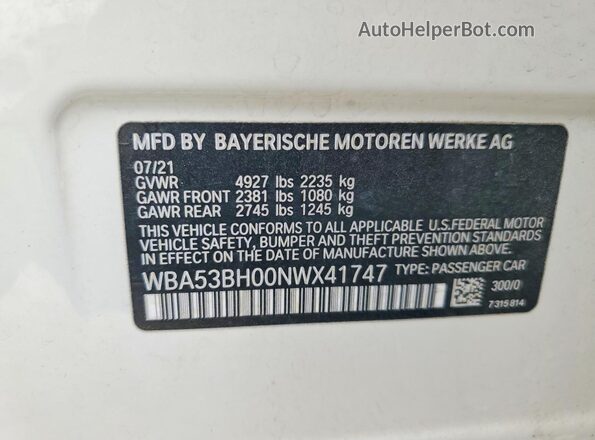 WBA53BH00NWX41747 2022 BMW OTHER Белый Вид наклейки с VIN-кодом