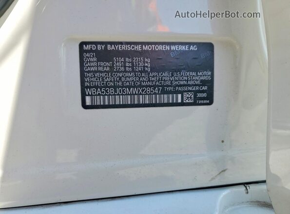 WBA53BJ03MWX28547 2021 BMW OTHER Белый Вид наклейки с VIN-кодом