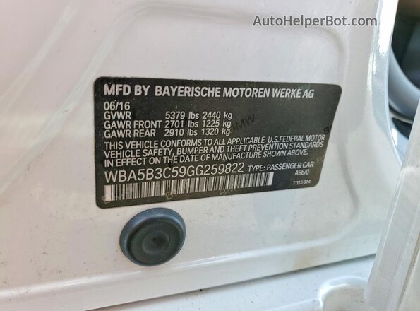 WBA5B3C59GG259822 2016 BMW 5 SERIES Белый Вид наклейки с VIN-кодом