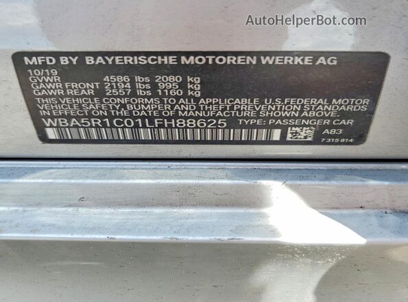 WBA5R1C01LFH88625 2020 BMW OTHER Серебряный Вид наклейки с VIN-кодом