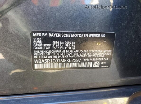 WBA5R1C01MFK62297 2021 BMW OTHER Gray Vista de la etiqueta del VIN