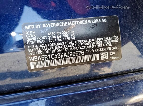 WBA5R1C53KAJ99676 2019 BMW OTHER Синий Вид наклейки с VIN-кодом