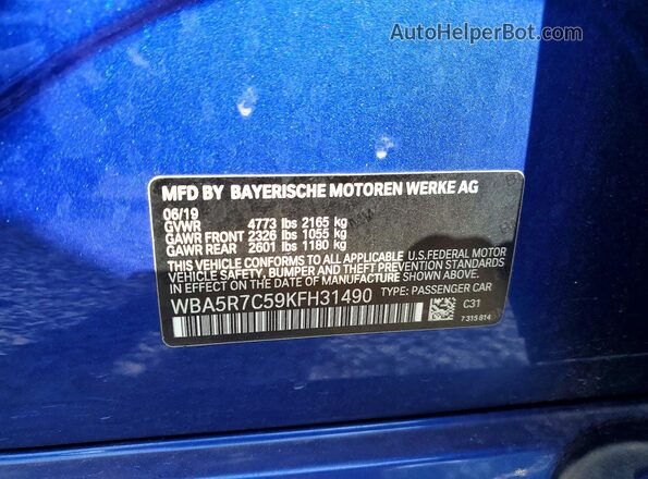 WBA5R7C59KFH31490 2019 BMW OTHER Синий Вид наклейки с VIN-кодом