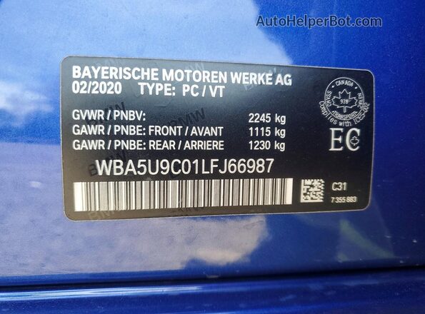 WBA5U9C01LFJ66987 2020 BMW M3 Blue Vista de la etiqueta del VIN