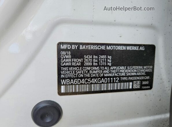 WBA6D4C54KGA01112 2019 BMW OTHER Белый Панорамный вид салона 360°