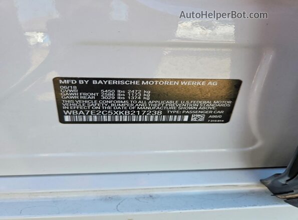 WBA7E2C5XKB217238 2019 BMW OTHER White Vista del compartimento del motor